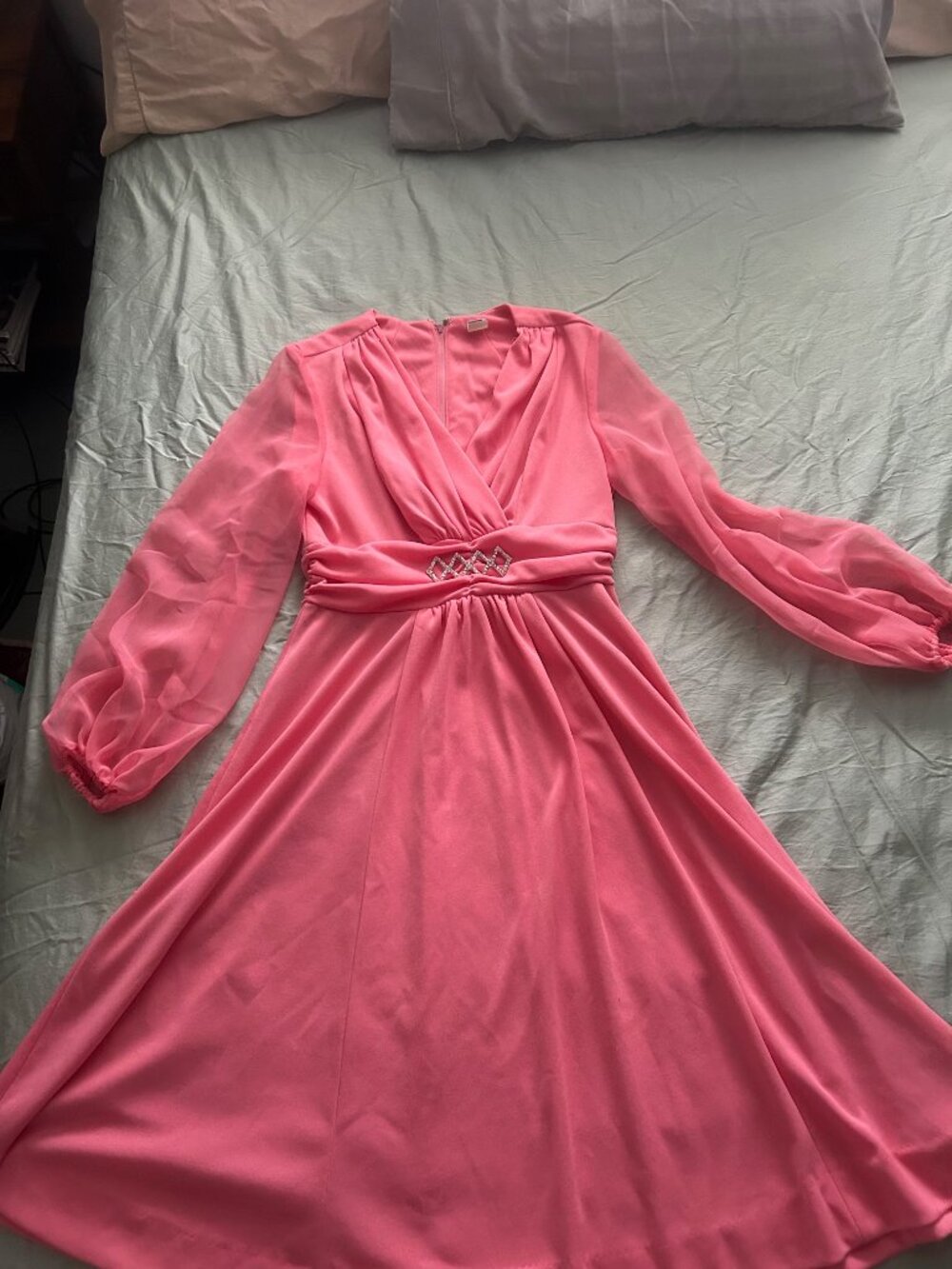 Vintage 1970s Maxi/Midi Dress, Hot Pink, Rhinestone Brooch